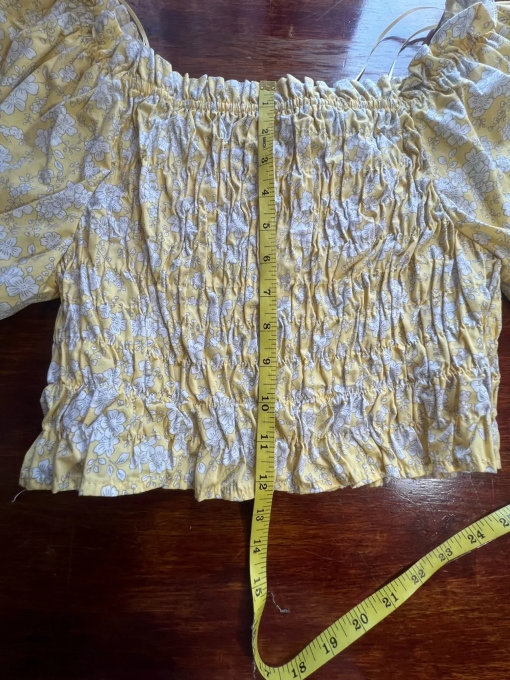 Puff Sleeve Floral Smocked Off-Shoulder Crop Top Size L Cotton Poplin Yellow